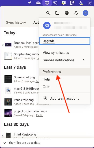 Dropbox 用戶菜單中的首選項
