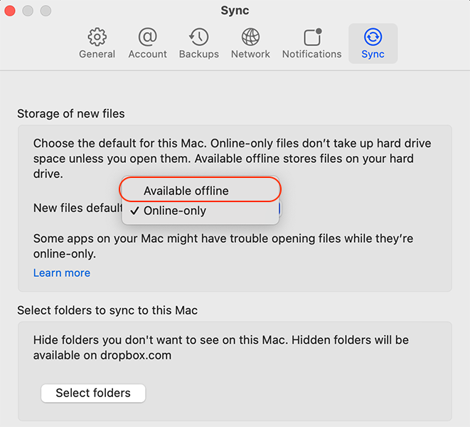 Dropbox 首選項中同步選項卡嘅設定