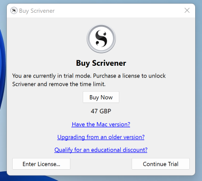Scrivener 試用模式提示訊息截圖
